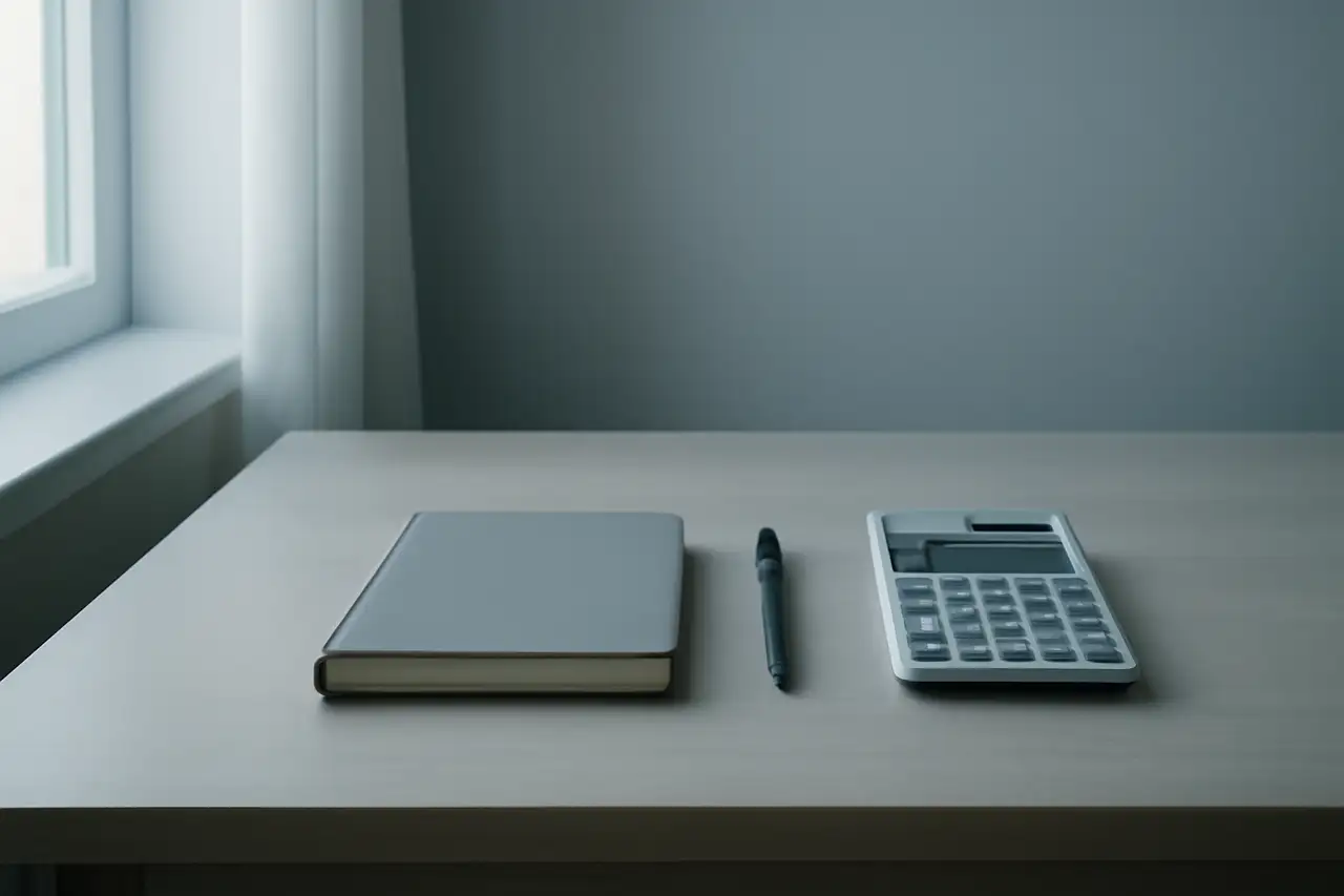 Bureau met notitieboek, pen en rekenmachine bij daglicht